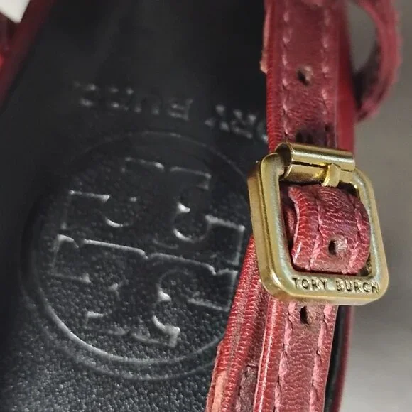 ❤️TORY BURCH Burgundy and Black All Leather Slingback Heel Shoes 7 Brazil - Picture 5 of 7